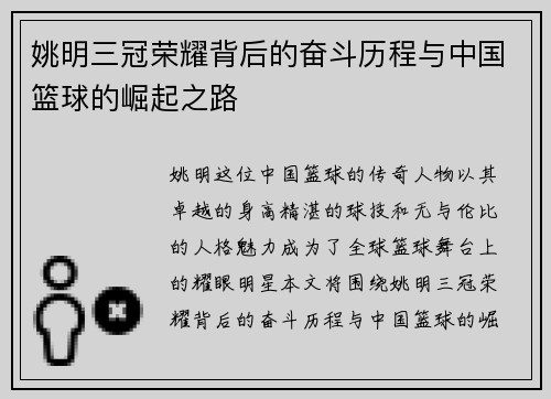 姚明三冠荣耀背后的奋斗历程与中国篮球的崛起之路